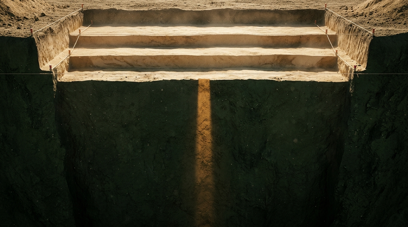 A cross-section of open ground. Three shallow layers near the surface have been neatly excavated, squared off and roped. Beneath them sits a fourth layer many times thicker than all three combined, untouched, running past both edges of the frame with no visible end.