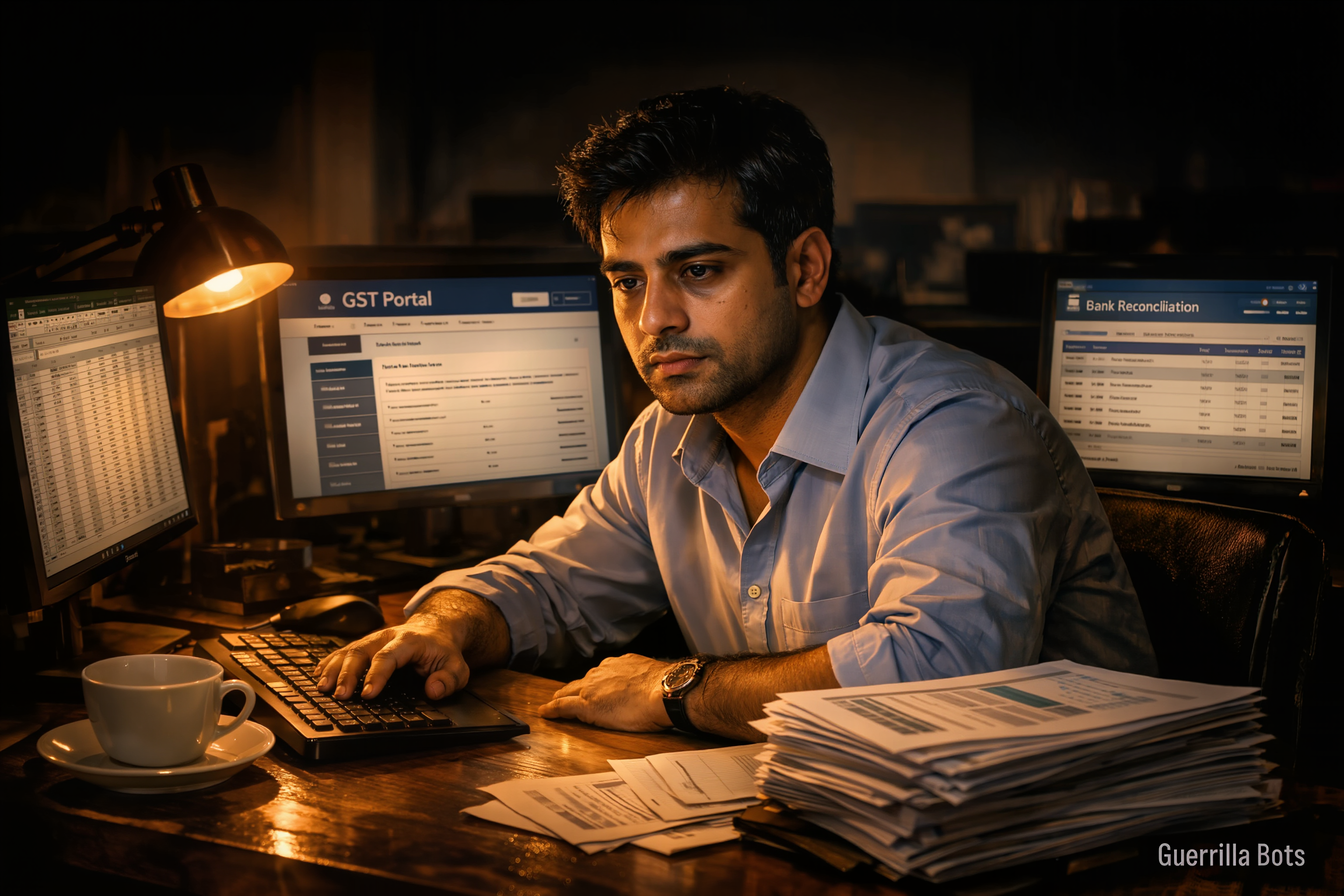 Arjun at his desk, late at night, surrounded by three monitors
